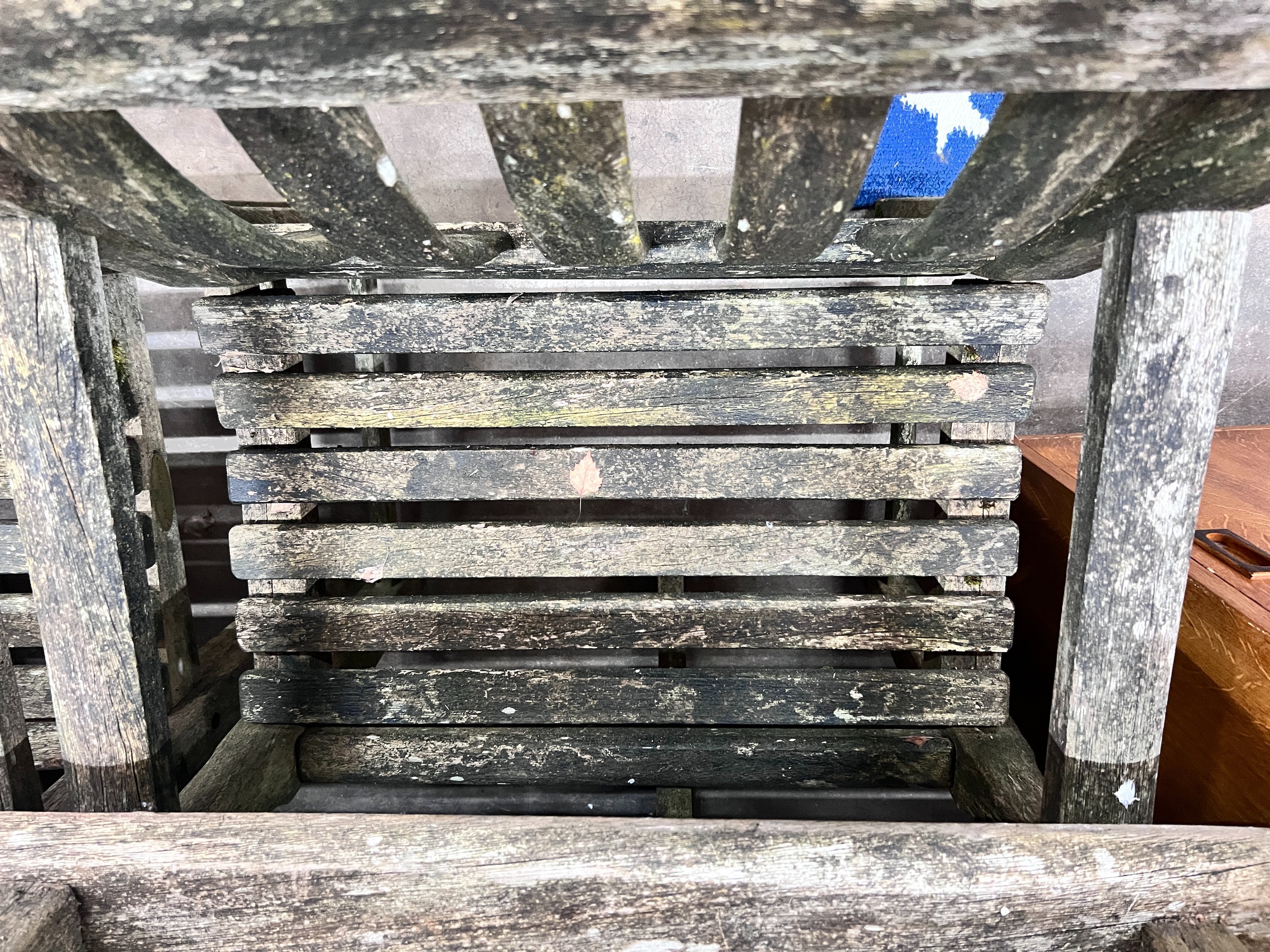 An Alexander Rose weathered teak rectangular garden table with a set of five matching armchairs, table length 161cm *Please note the sale commences at 9am.